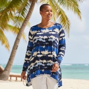 Avenue Abstract Print Long Sleeve Tunic Top Women Plus Size 22/24 Blue Beige